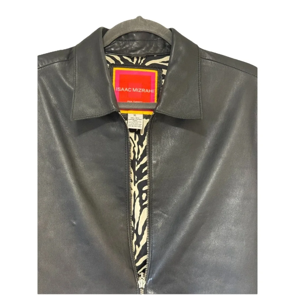 Vintage Isaac Mizrahi Black Leather Jacket Zebra Lining‎ Zip Moto Womens Sz XL